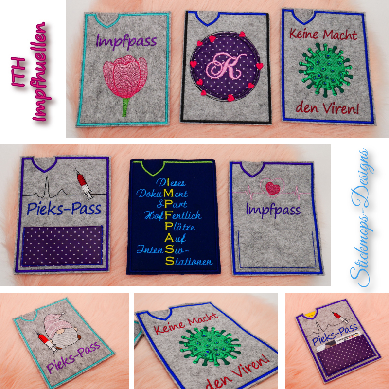 Preview: Stickdatei Set ITH Impfpass-Hüllen 24 Designs (13x18), Foto-Trilogie mit Hochkant-Hüllen aus Filz und diverser Bestickung: Tulpe und Schriftzug 