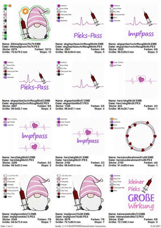 Stickdatei Set Motive für den Impfpass, Übersicht über 12 Designs. 3 mal Gnom mit Spritze, darunter 1 mal als Anhänger mit Öse; 1 mal Herzchenkranz; 4 mal Spritze mit EKG-Kurve, dabei 3 mal mit Schriftzug "Impfpass", 1 mal ohne; 3 mal EKG-Kurve mit Herz,