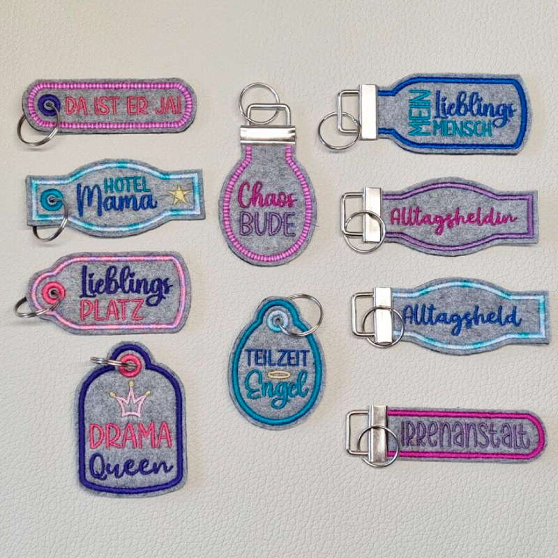 Preview: Lustige Schlüsselanhänger auf Filz ausgestickt.