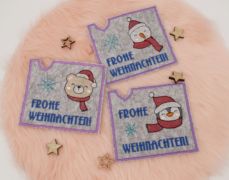 Preview: Stickdatei Set ITH Christmascover mit Bärchen, Schneemann und Pinguin.