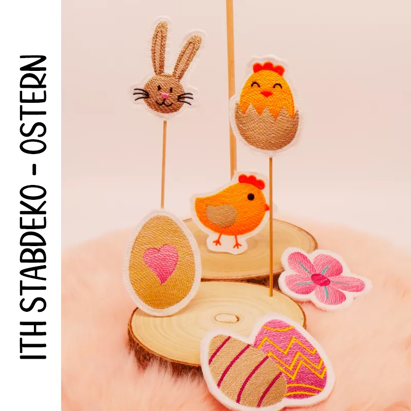 Stabdeko Stickdateien Hase, Eier, Blume zu Ostern.