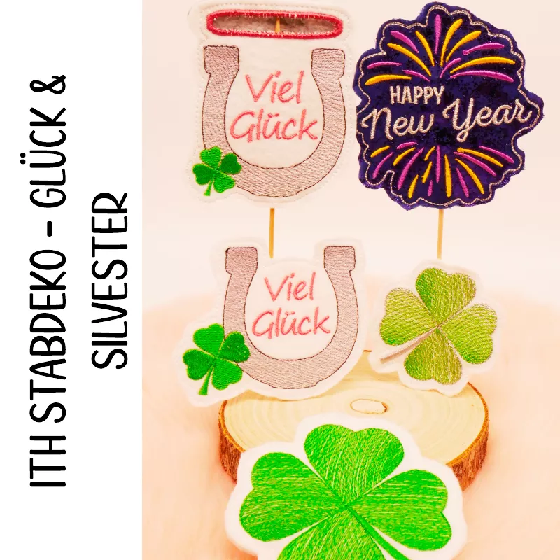 Stickdatei-Set mit Stabdeko zum Thema Glück, Kleeblatt und Silvester.