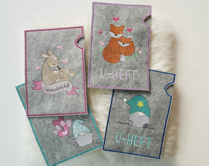 Preview: ITH U-Heft-Hüllen mit Reh, 2 Gnomen und zwei Füchsen.