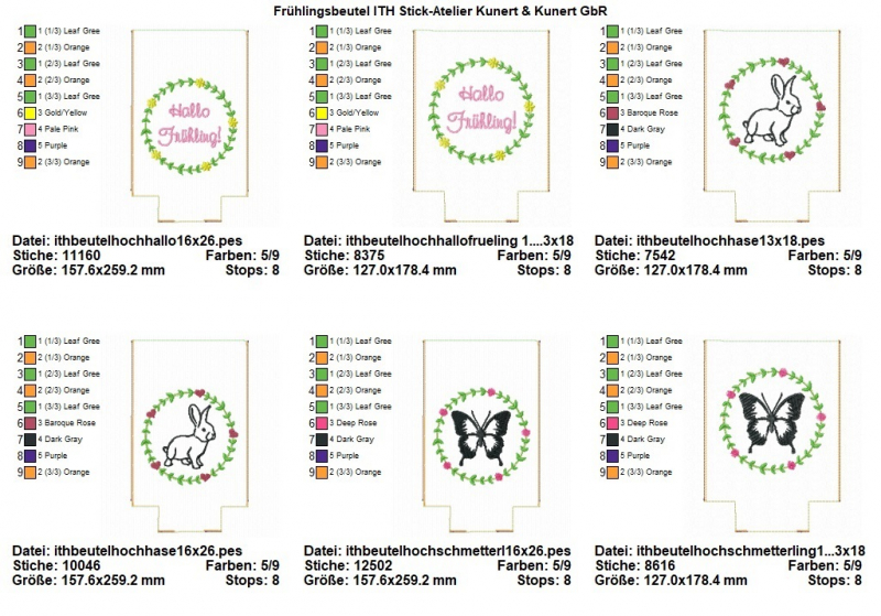 Preview: Stickdatei Set ITH Frühlings-Lichtbeutel (13x18 u. 16x26 Rahmen), Übersicht mit 6 Dateien. Alle mittig mit Kranz, darin 2 mal Hase, bzw. 2 mal Schmetterling, bzw. 2 mal Schriftzug 
