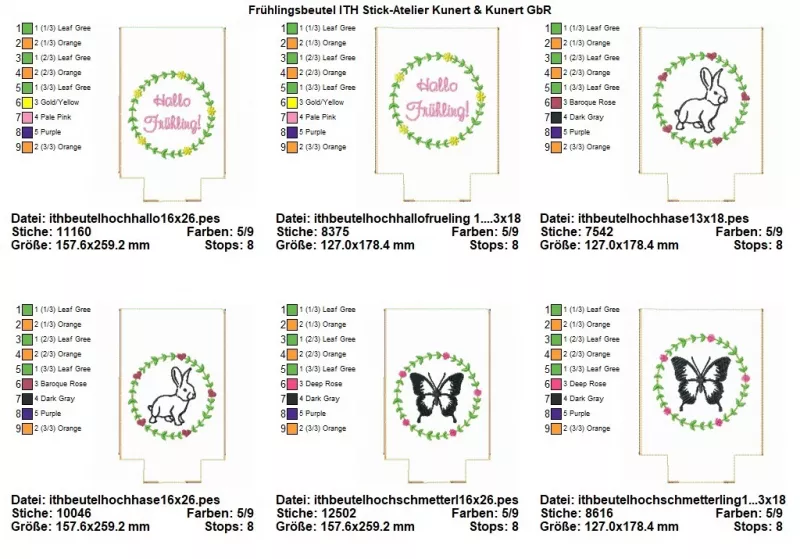 Stickdatei Set ITH Frühlings-Lichtbeutel (13x18 u. 16x26 Rahmen), Übersicht mit 6 Dateien. Alle mittig mit Kranz, darin 2 mal Hase, bzw. 2 mal Schmetterling, bzw. 2 mal Schriftzug "Hallo Frühling!".