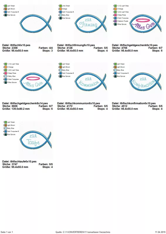 Stickdatei Set ITH Fisch-Geschenkstecker & Geldgeschenk-Fisch, Übersicht mit 7 Dateien. 1 mal blanko; 2 mal mit Einstecköffnung, Schriftzug "Alles Gute"; 4 mal mit Schriftzug "Zur Kommunion", "Zur Firmung", "Zur Konfirmation", "Zur Taufe".