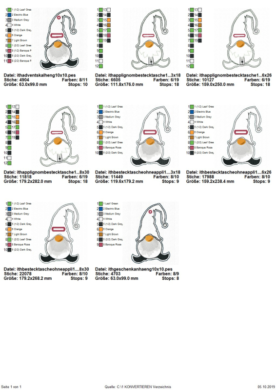 Preview: Stickdatei Set ITH Gnom Bestecktaschen und Geschenkanhänger (div. Rahmengrößen), Übersicht mit 8 Dateien. 7 mal Gnom mit Einstecköffnung, einer davon zusätzlich geöst. 1 mal Gnom mit Öse.