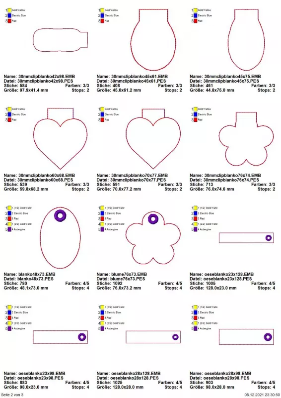 Stickdatei Set ITH Schlüsselanhänger Blanko für Clips oder mit gestickten Ösen Übersicht verschiedener Formen Teil 2