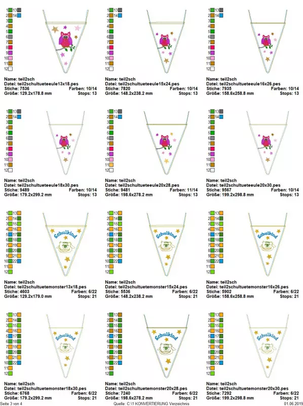 Stickdatei Set ITH-Schultüten (div. Rahmengrößen), Übersicht mit 12 Dateien. 6 mal Bestickung mit Eule und Sternen; 6 mal Bestickung Monsterkopf, Sterne, Schriftzug "Schulkind".