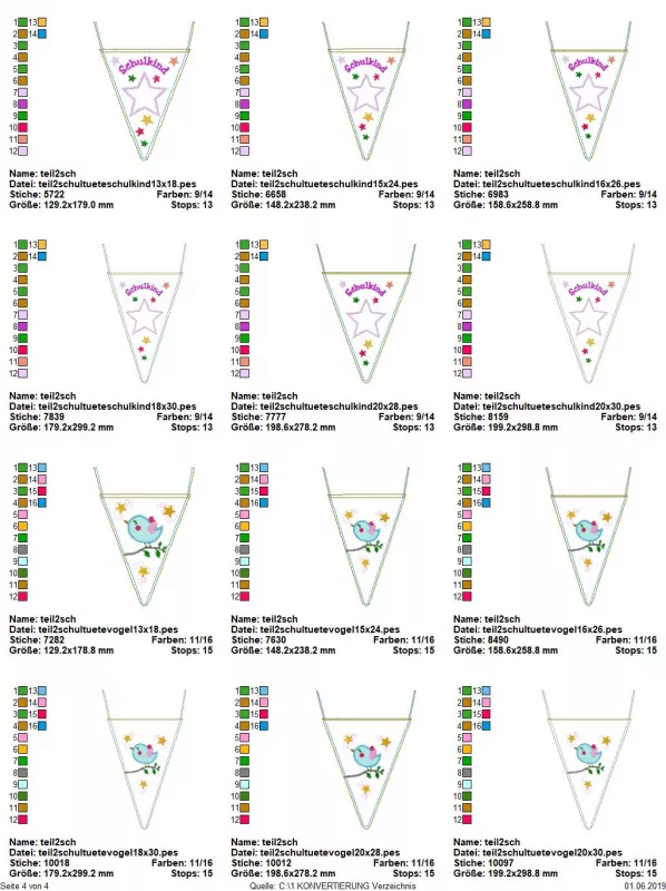 Stickdatei Set ITH-Schultüten (div. Rahmengrößen), Übersicht mit 12 Dateien. 6 mal Vogel mit Sternchen; 6 mal Stern mit Sternchen, Schriftzug "Schulkind".