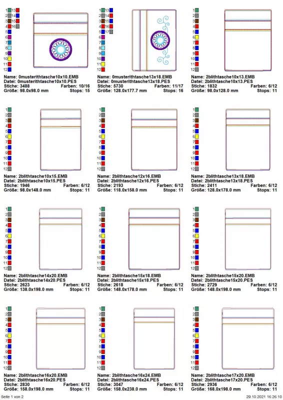 Stickdatei Set BLANKO ITH Taschen hochkant mit Reißverschluss, Übersicht mit 12 verschiedenen Dateien, alle Formate rechteckig in diversen Größen der Taschen und diversen Breiten der Reißverschlussplätze. 1 mal quadratisch mit kreisrundem Stickornament; 1