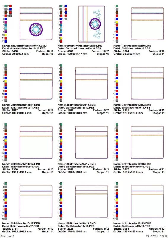 Stickdatei Set BLANKO ITH Taschen quadratisch mit Reißverschluss, Übersicht mit 12 Dateien, wobei alle oben in der Front einen unterschiedlich breiten Reißverschlussplatz haben. 11 davon quadratisch, wobei 10 motivlos sind und 1 im unteren Teil ein kreisr