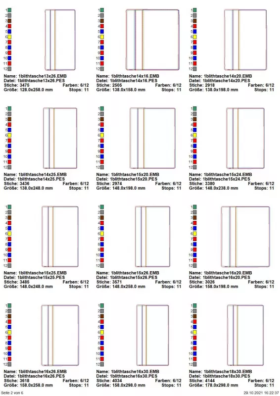 Stickdatei Set BLANKO ITH Taschen mit Reißverschluss über 60 Größen. Übersicht über 12 Dateien mit unbestickten rechteckigen Taschen, wobei sich die Breiten für die Reißverschlussplätze und die Taschenmaße unterscheiden.