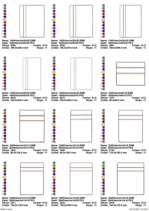 Stickdatei Set BLANKO ITH Taschen, rechteckig, mit Reißverschluss obere Front, über 60 Größen. Übersicht mit 12 Dateien, dabei unterschiedliche Taschenmaße und unterschiedlichen Breiten für die Reißverschlüsse.