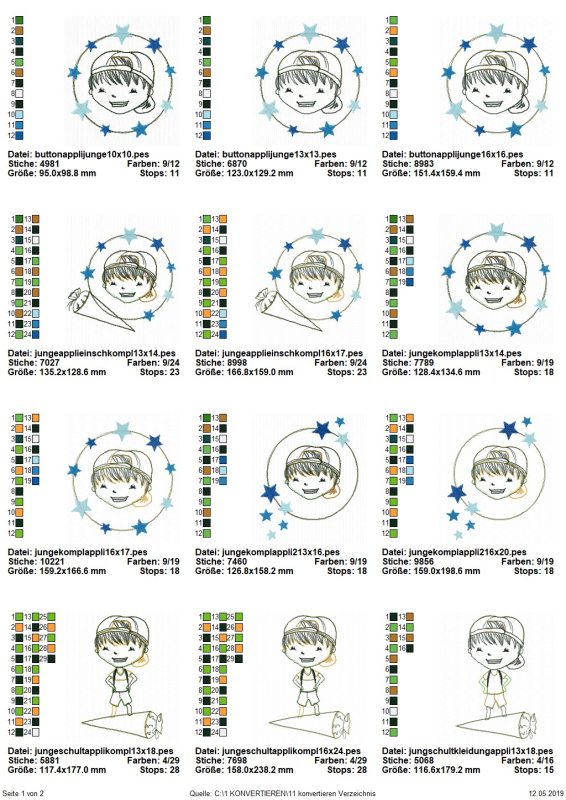 Preview: Stickdatei Set Schulkind Liam (div. Rahmengrößen), Übersicht mit 12 Dateien. 5 mal Jungenkopf in Sternenkreis; 2 mal Jungenkopf in Kreis mit Sternansammlungen; 2 mal Jungenkopf in Sternenkreis, darunter Schultüte; 3 mal Junge mit liegender Schultüte.