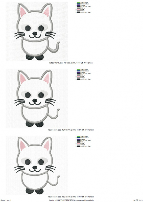 Preview: Stickdatei Katze Applikation in 3 Größen, Übersicht mit 3 Dateien, jeweils 1 Katze.