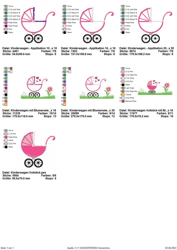 Stickdatei Set Kinderwagen Applikation u. Vollstick, Übersicht mit 7 Dateien. 4 mal Kinderwagendateien einzeln. 3 mal Kinderwagen komplett auf Blumenwiese mit Herzchen.