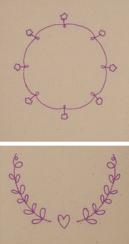Stickdatei Set florale Rahmen + Schriftzüge, Doppelfoto, das 2 pinke Designs auf hellem Stoff zeigt. 1 mal 2 Blattzweige, die ein Herz umgeben und Rahmen nach oben offen lassen. 1 mal Schlaufenkreis mit gestielten Sternchen.