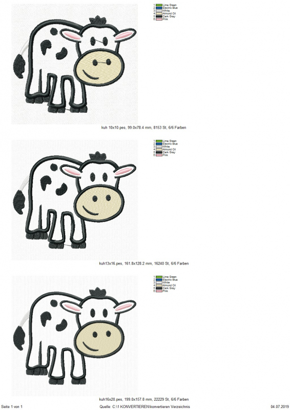 Preview: Stickdatei Kuh Applikation in 3 Größen. Übersicht zeigt 3 Dateien, jeweils eine Kuh.