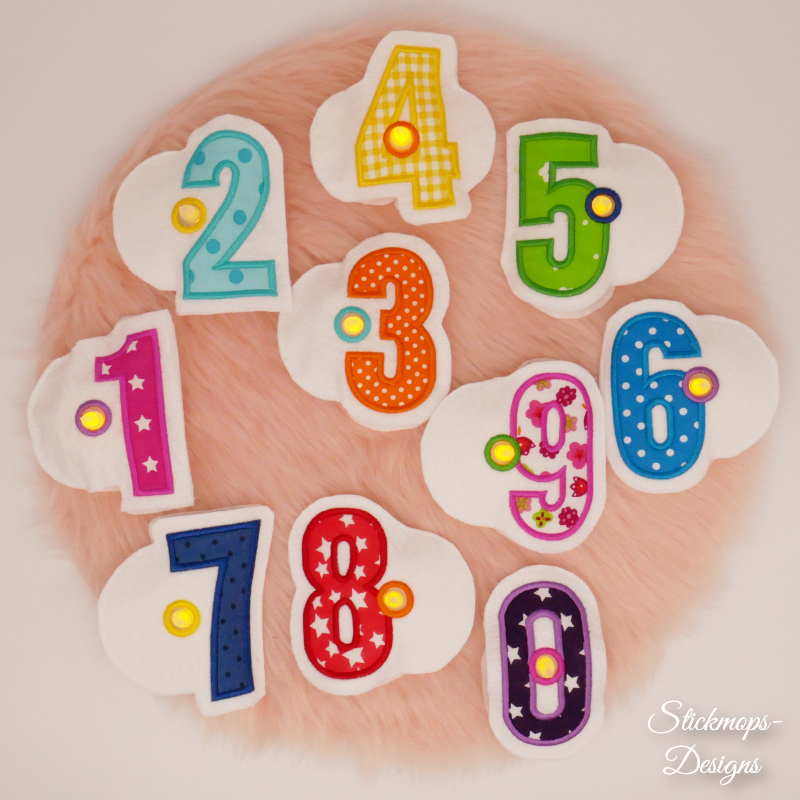 Preview: Stickdatei Set ITH Party-Deko LED Cover mit Zahlen-Applikationen.