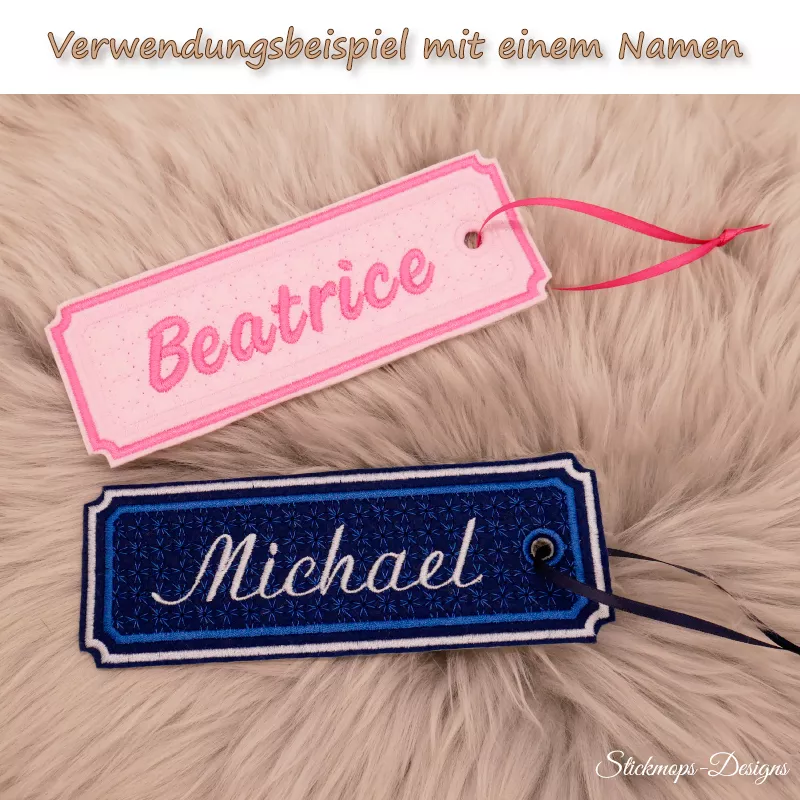 (Osterkalender-Türchen 6B) Stickdatei Set ITH Lesezeichen mit verschiedenen Füllmustern in 2 Größen. Foto zeigt 2 längliche Ausfertigungen mit eingekerbten Ecken, garngeöst, Bändchen durchgezogen. 1 mal Schriftzug "Beatrice" in rosa-pink; 1 mal Schriftzug