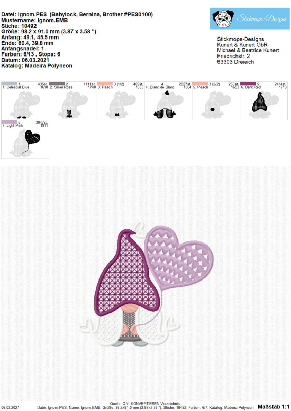 Preview: Freebie Stickdatei Gnom 2 von 3, Übersicht mit 7 Einzeldateien zur Erstellung eines Gesamtmotivs, das darunter als Abbildung zu sehen ist. Gnom in rot-weiß-altrosa, in der Hand ein Herzluftballon.