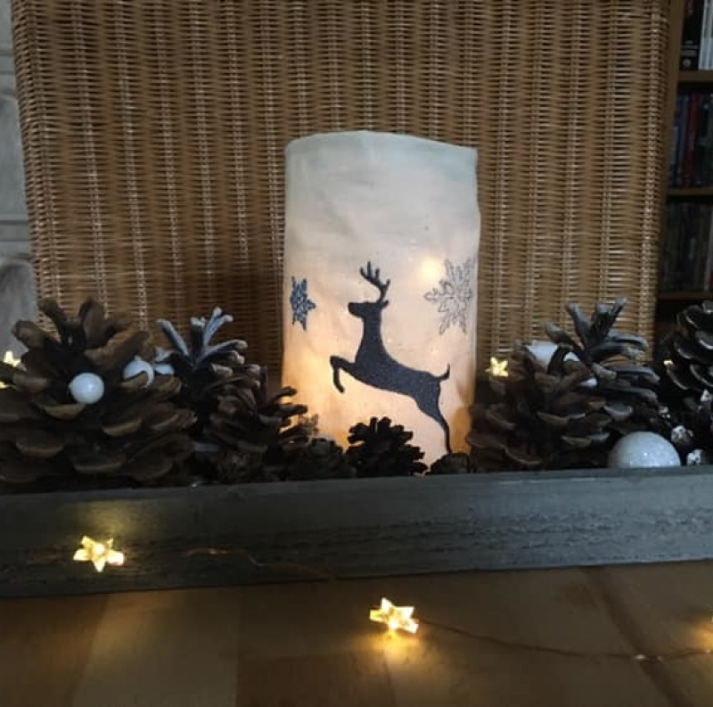 Stickdatei Set 6 winterliche Lichtbeutel (für den 13x18 Rahmen), Foto zeigt hell erleuchteten Lichtbeutel in Winterdekoration stehend. Heller Stoff, bestickt mit Hirsch, Eiskristall, Stern.