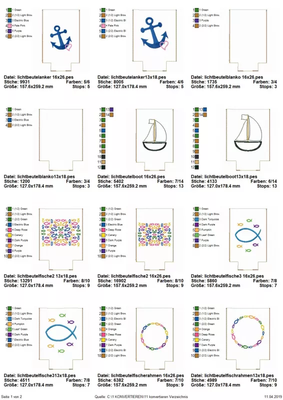 Stickdatei Set ITH Lichtbeutel mit christlichen Motiven, Übersicht mit 12 Dateien. 2 mal blanko; 2 mal Anker; 2 mal Segelboot; 2 mal Fischsymbole; 2 mal musterergebende Fische; 2 mal Kreis aus Fischen.