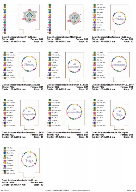 Stickdatei Set ITH Lichtbeutel mit christlichen Motiven, Übersicht mit 10 Dateien. 2 mal Kreuz mit Fischen; 10 mal Kreis aus Fischen mit Innenschrift ("Zur Firmung", "Zur Kommunion", "Zur Konfirmation", "Zur Taufe").