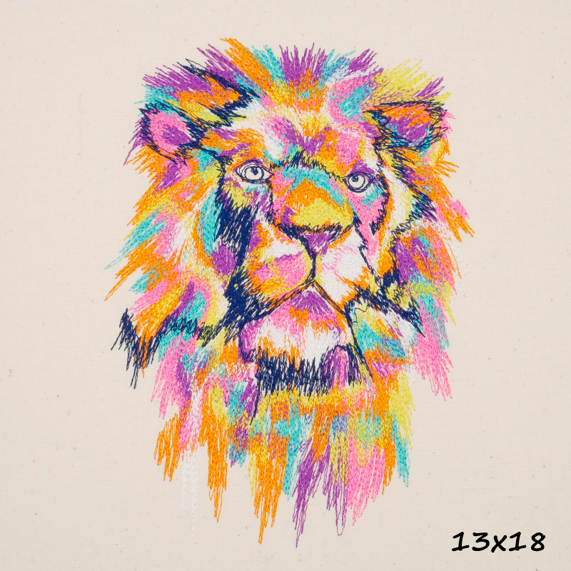 Stickdatei Lion Löwenkopf aus vielen verschiedenen Farben mit Größenangabe 13x18