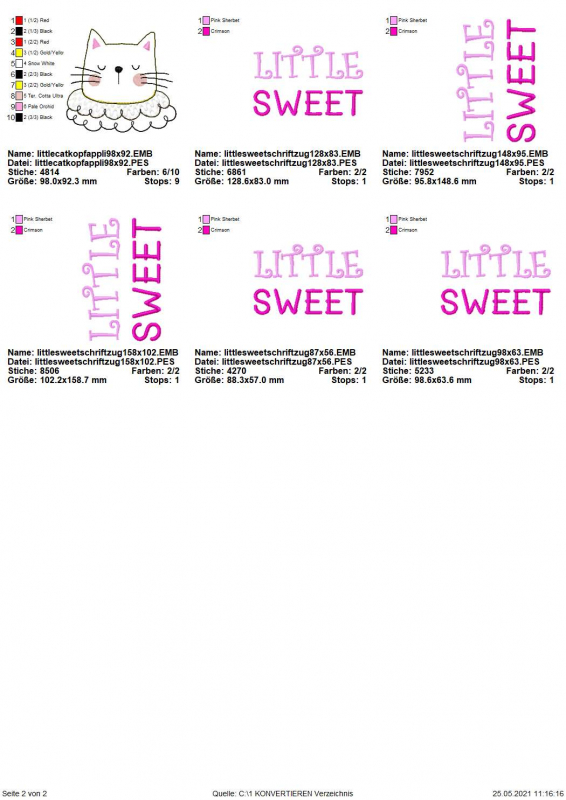 Stickdatei Set Little Sweet Cat Doodle Applikation inkl. ITH Anhänger, Übersicht mit 6 Dateien. 1 mal für Applikation Katzenkopf, 5 mal für Schriftzug "Little Sweet".