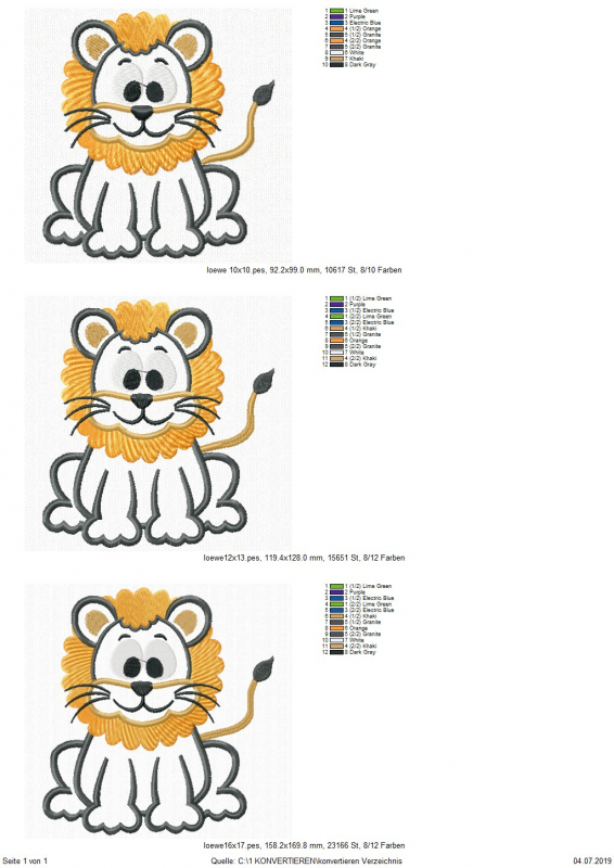 Preview: Stickdatei Löwe Applikation in 3 Größen, Übersicht zeigt 3 Dateien. Jeweils sitzender Löwe.