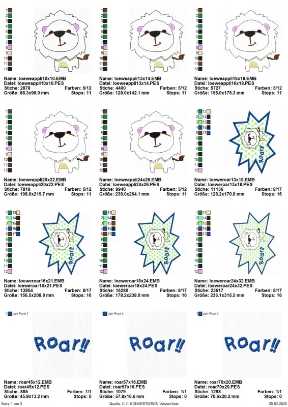 Stickdatei Set Löwen-Applikation Roar in div. Größen, Übersicht mit 12 Dateien. 5 mal Löwe; 4 mal Löwe in zackigem Stofffetzen mit Schriftzug "Roar!!"; 3 mal nur Schriftzug "Roar!!".