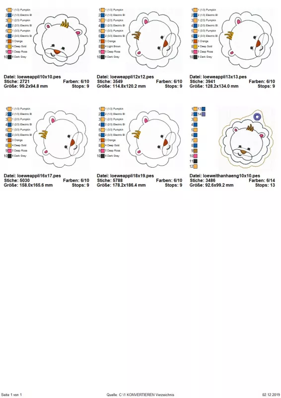 Stickdatei Set Löwen-Applikation inkl. ITH Anhänger, Übersicht mit 6 Löwenkopf-Dateien: 5 mal Applikation; 1 mal geöster Anhänger.