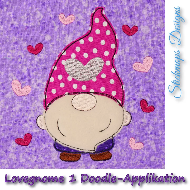 Stickdatei Lovegnome 1 mit Herzen Doodle-Applikation