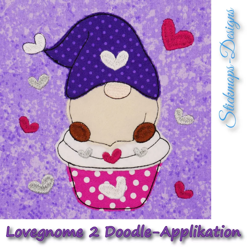 Stickdatei Lovegnome 2 Gnom auf Cupcake Doodle-Applikation