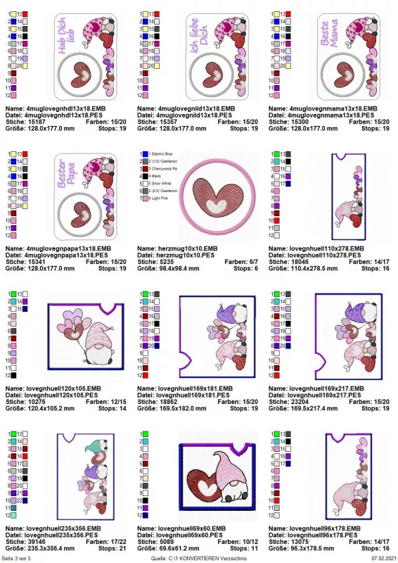 Stickdatei Set Lovegnomes Sparset 4 in 1 mit Dateien für Mugrugs, Schokohüllen, Anhänger und Stabdesigns, Übersicht über 12 Dateien. 1 mal kreisrunder Tassenplatz mit Herzinnenstick; 4 mal Tassenteppich Gnombestickungen und Schriftzug ("Hab dich lieb"; "B