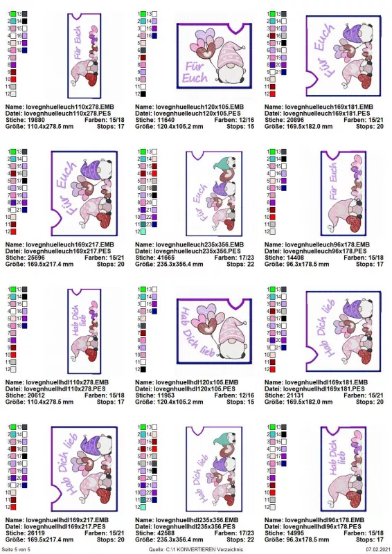 Stickdatei Set Lovegnomes Sparset 4 in 1 mit Dateien für Mugrugs, Schokohüllen, Anhänger und Stabdesigns, Übersicht zeigt 12 Querformat-Hüllen. Alle mit Gnommotiv-Varianten, zusätzlich Schriftzug: "Für euch", bzw. "Hab dich lieb".