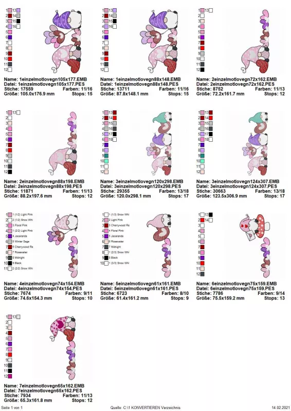 Stickdatei Set Lovegnomes Sparset 4 in 1 mit Dateien für Mugrugs, Schokohüllen, Anhänger und Stabdesigns, Übersicht zeigt 12 einzelne Gnomdesignmuster: 2 oder 3 Gnome mit Herzluftballons; Gnom mit Herzen; Gnom auf Fliegenpilz mit Brief.