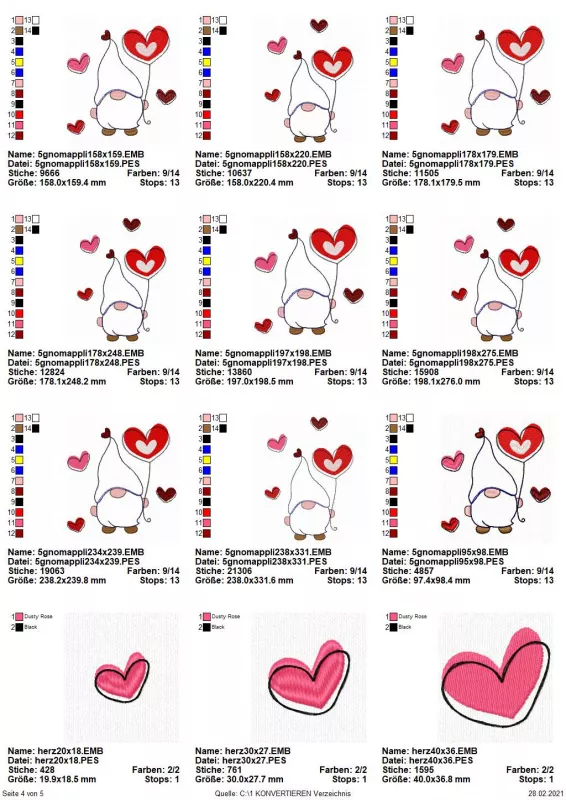 Stickdatei Set 5in1 Lovegnome Doodle-Applikationen, Übersicht mit 12 Motiven. 9 mal von Herzchen umrahmter Gnom, Herzluftballon haltend; 3 mal einzelnes Herz.