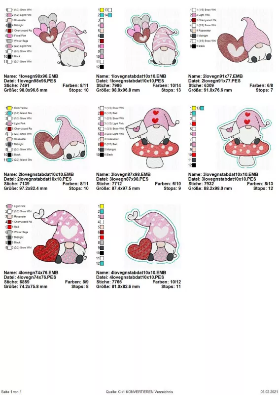 Stickdatei Set Lovegnomes ITH Stabdesigns, Übersicht mit 8 Dateien. 4 mal für Stabdateien, diverse Gnommotive. 4 mal für Einzelmotiv, diverse Variationen.