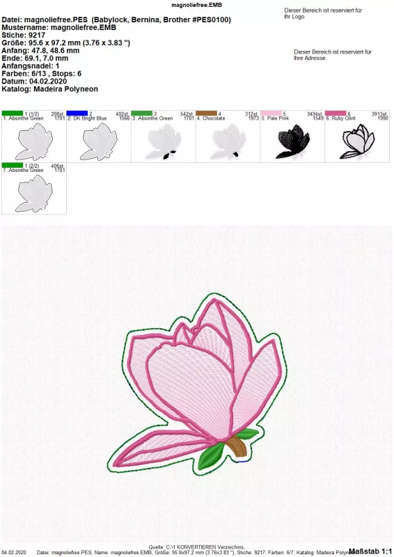 Freebie Stickdatei ITH Stabdatei Magnolie. Abbildung mit Foto einer Gesamtausfertigung nebst Übersicht über sieben Einzeldateien zur Erstellung der Blüte eines Stabdesigns.