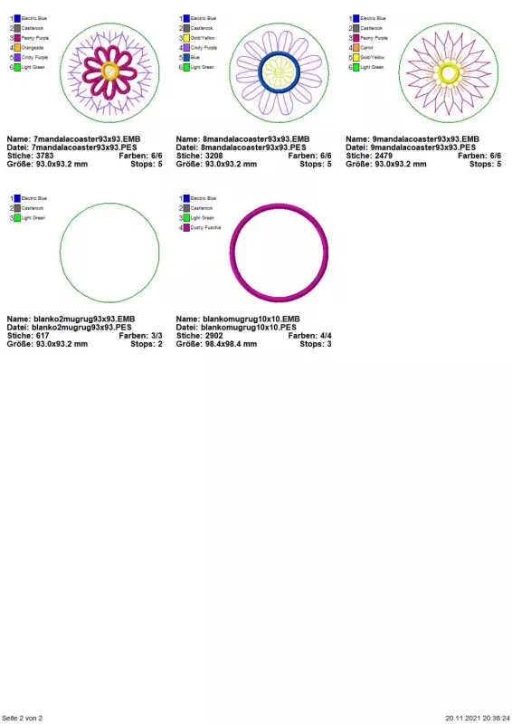 Übersicht Seite 2 Stickdatei Set Mandala Coaster (10x10) + Einzelmotive