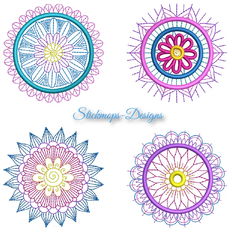 Stickdatei Set Mandala-Bestecktaschen + Einzelmotive, Übersicht über 4 diverse Ornamente. Blüte lila-gelb-blau mit doppelter Blütenblattschicht im türkisen außen pink verzierten Kreis; Blüte gelb-pink in blauem und pinken durch Stäbchen verbundenen Doppel