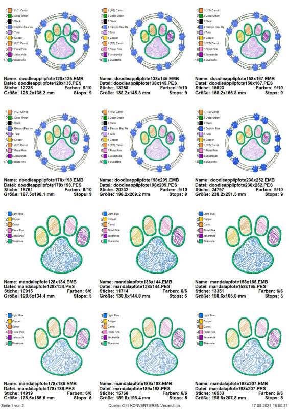 Preview: Übersicht Stickdatei Set Mandalapfoten Teil 1
