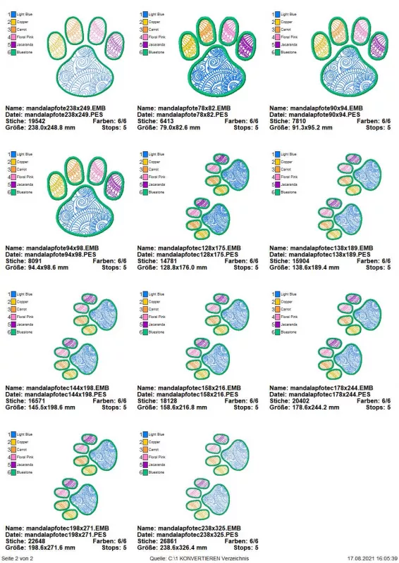 Übersicht Stickdatei Set Mandalapfoten Teil 2