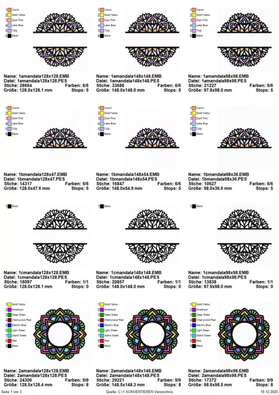 Stickdatei Set Mandalas + Split Mandala (div. Größen), Übersicht mit 12 Dateien. 3 mal buntes Ornament mit Aussparung für Schriftplatz; 3 mal nur hälftig. 3 mal schwarz-weiß-Ornament komplett mit Schriftplatzaussparung. 3 mal buntes rundliches Ornament mi