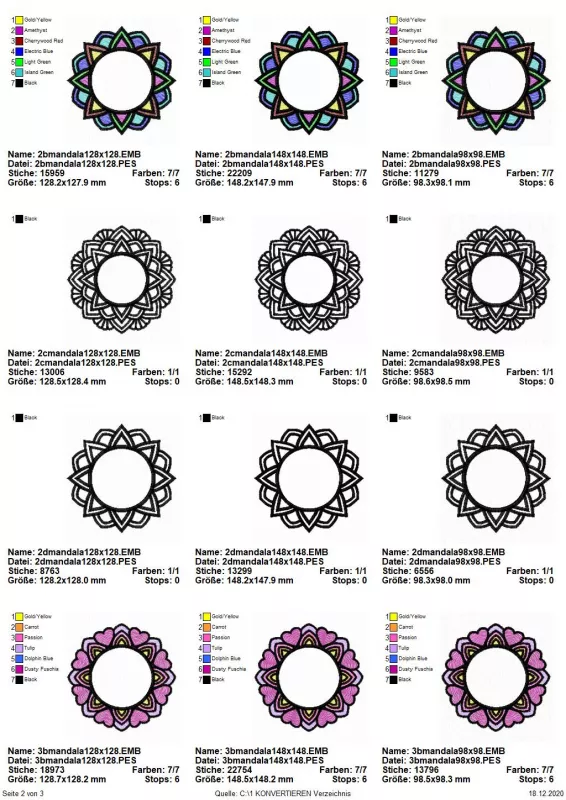 Stickdatei Set Mandalas + Split Mandala (div. Größen), Übersicht mit 12 Dateien, rundlich mit freiem Zentrum. 3 mal buntes Ornament; 3 mal schwarz-Ornament, breit; 3 mal schwarz-weißes Ornament, schmal; 3 mal rot-lila Ornament.
