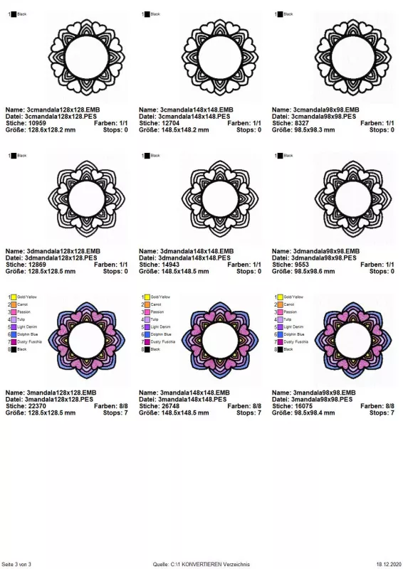 Stickdatei Set Mandalas + Split Mandala (div. Größen), Übersicht zeigt 9 Ornamente, rundlich, mit freiem Zentrum. 3 mal schwarz-weiß, rundlicher Rand, 3 mal schwarz-weiß, welliger Rand, 3 mal bunt.