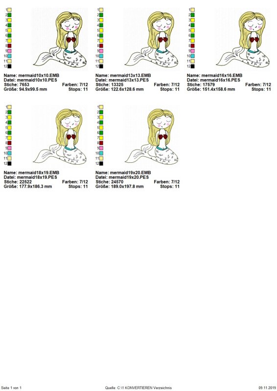 Preview: Stickdatei Mermaid in 5 Größen, Übersicht zeigt 5 Dateien, alle mit Meerjungfrau.